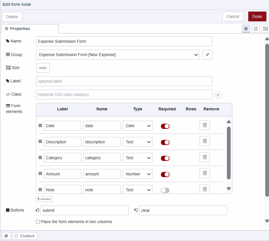 "Screenshot displaying Expense submission ui-form's configuration"